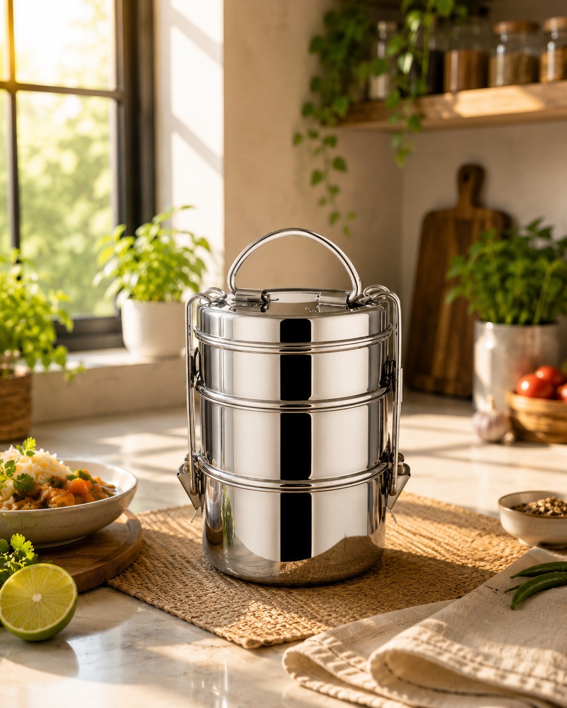 Stainless Steel 3-Tier Tiffin Lunch| Leak-Resistant Food Grade Steel Lunch Box with Handle